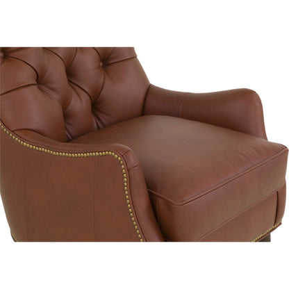 Arnold Tufted Lounge Chair by Fairfield Chair in brown and sycamore. Made from beech solids in a unique style.