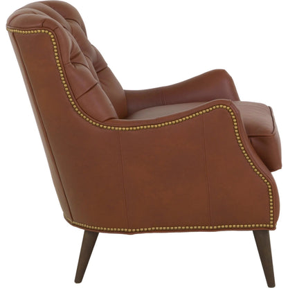 Arnold Tufted Lounge Chair by Fairfield Chair in brown and sycamore. Made from beech solids in a unique style.