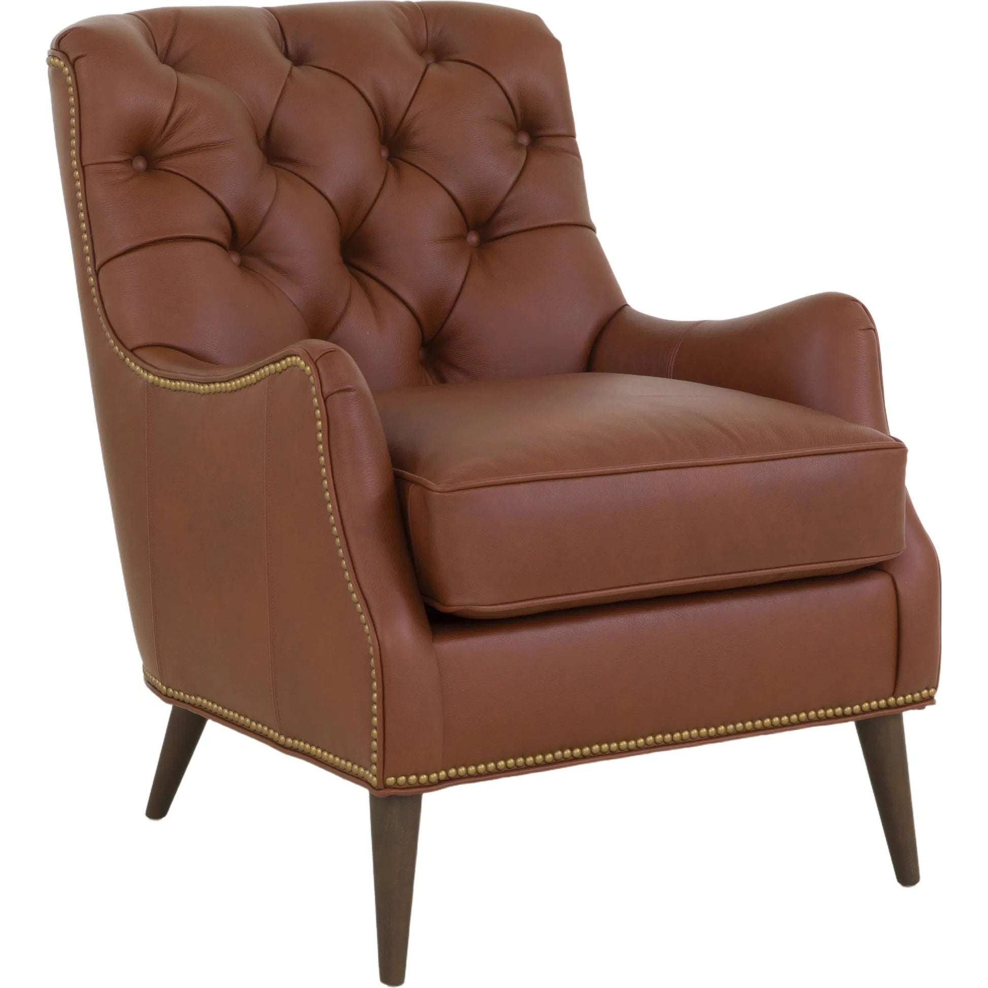 Arnold Tufted Lounge Chair by Fairfield Chair in brown and sycamore. Made from beech solids in a unique style.