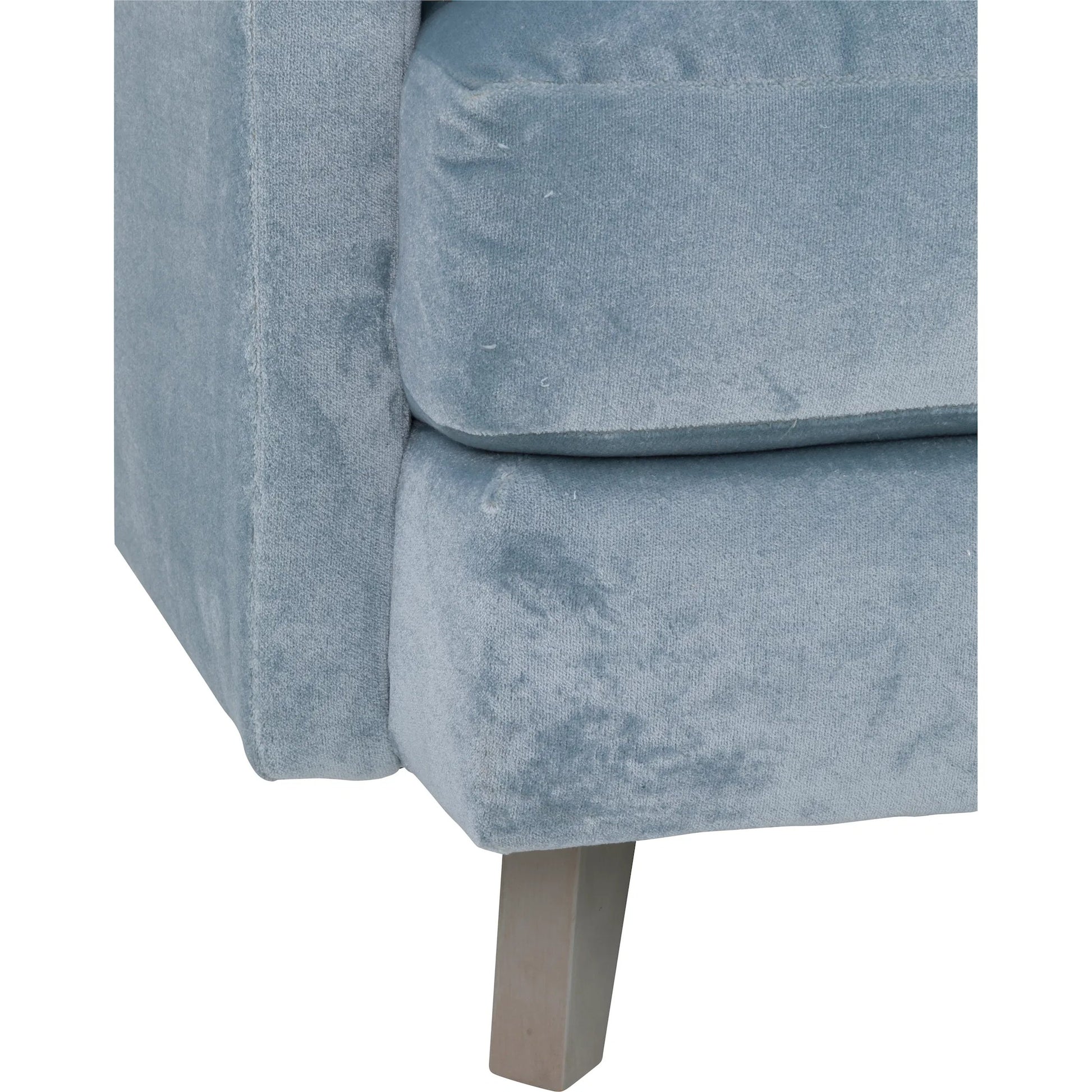 Libby Langdon Atterbury Sofa by Fairfield Chair in blue and mist. Made from beech solids in a unique style.