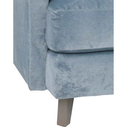 Libby Langdon Atterbury Sofa by Fairfield Chair in blue and mist. Made from beech solids in a unique style.