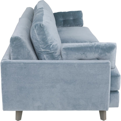 Libby Langdon Atterbury Sofa by Fairfield Chair in blue and mist. Made from beech solids in a unique style.