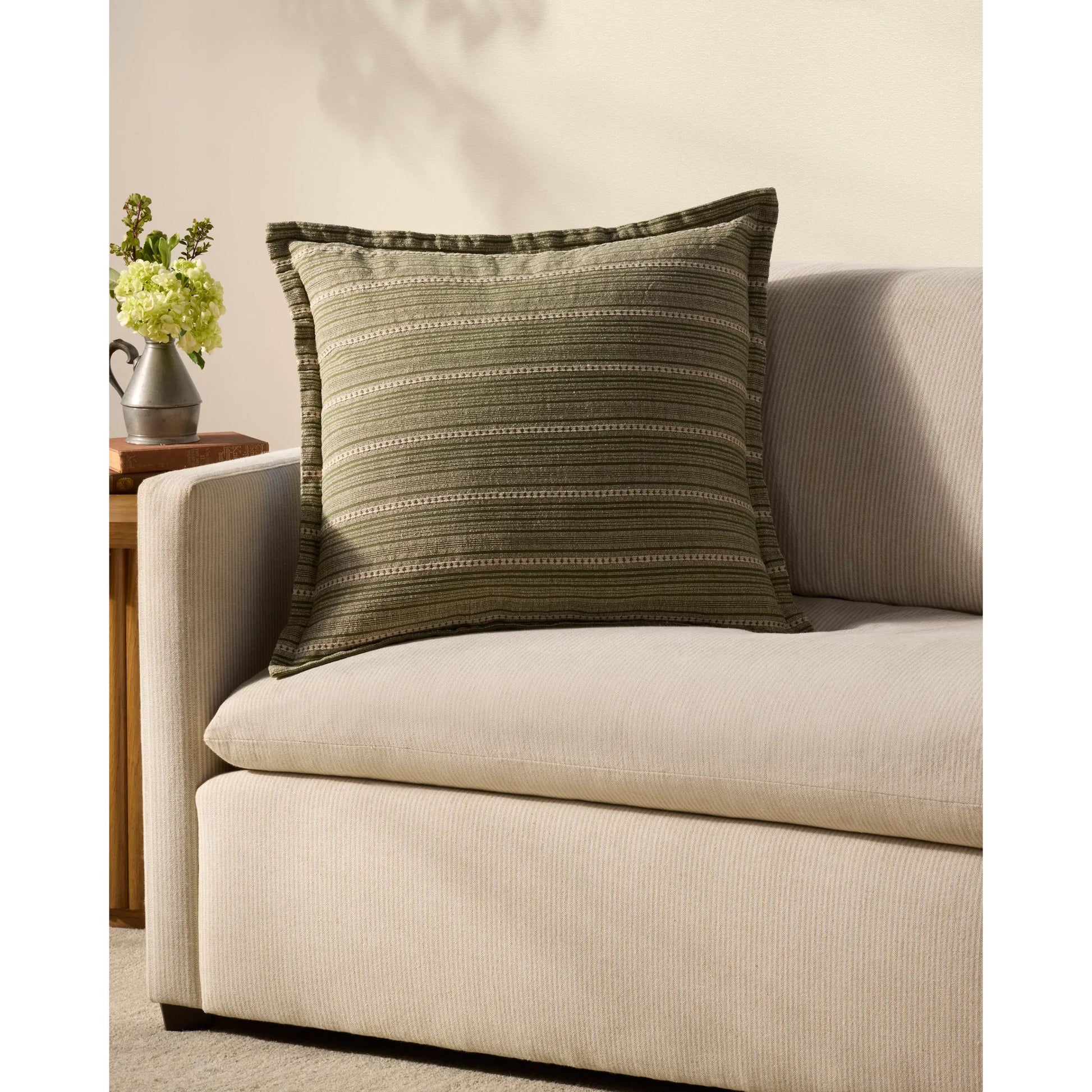PCJ0023 Green Pillow by Chris Loves Julia x Loloi in green, natural. Made from 100% cotton in a modern style.
