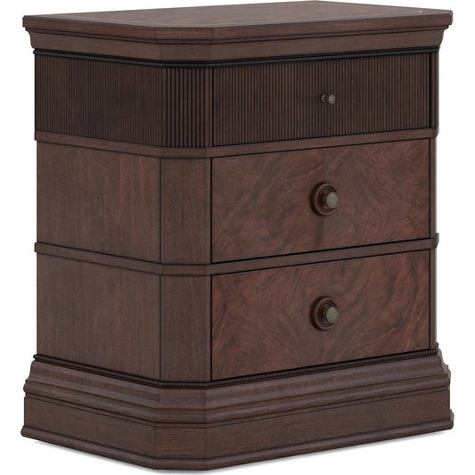Revival Nightstand by A.R.T. Furniture in brown and napa mahogany. Made from rubberwood solids, quarter mahogany veneer, resin, metal in a unique style.
