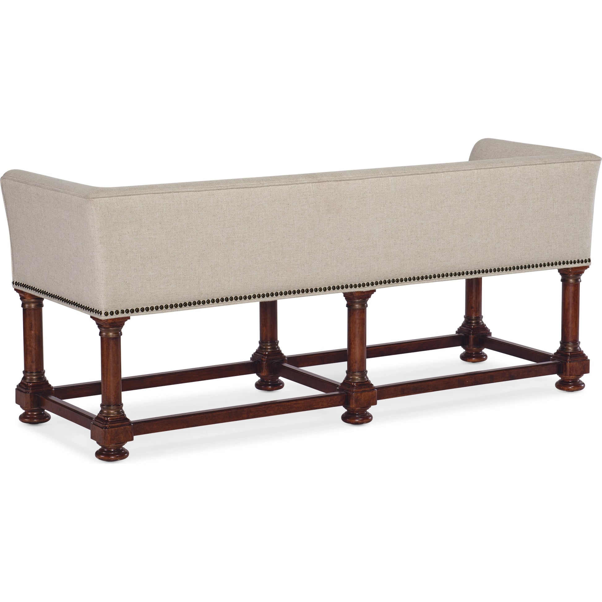 Charleston Bed Bench by Hooker Furniture in chateau linen and black cherry. Made from wood, fabric, nailheads in a modern style.