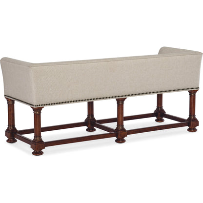 Charleston Bed Bench by Hooker Furniture in chateau linen and black cherry. Made from wood, fabric, nailheads in a modern style.