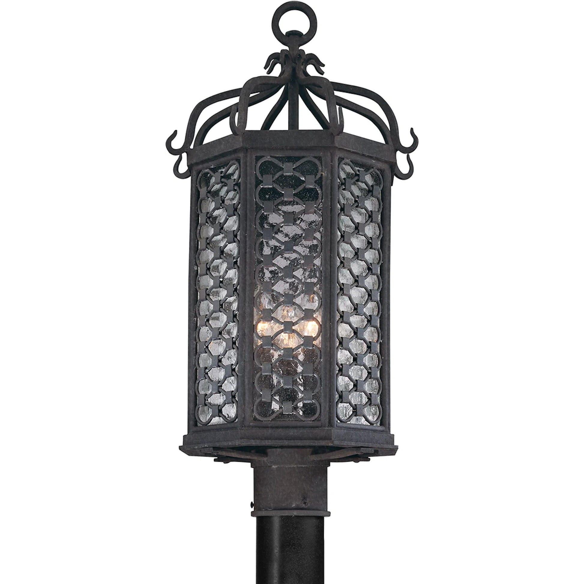 Los Olivos Post Lantern by Troy in old iron. Made from hand forged iron in a traditional style.