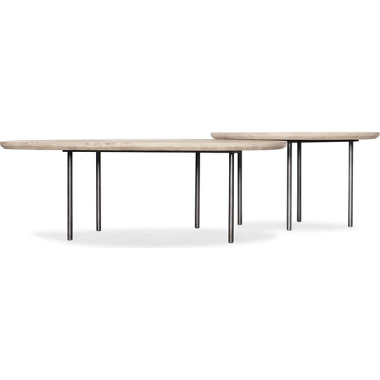Commerce & Market Nesting Cocktail Table by Hooker Furniture in white. Made from white travertine stone parquet with carbon steel in a coastal style.