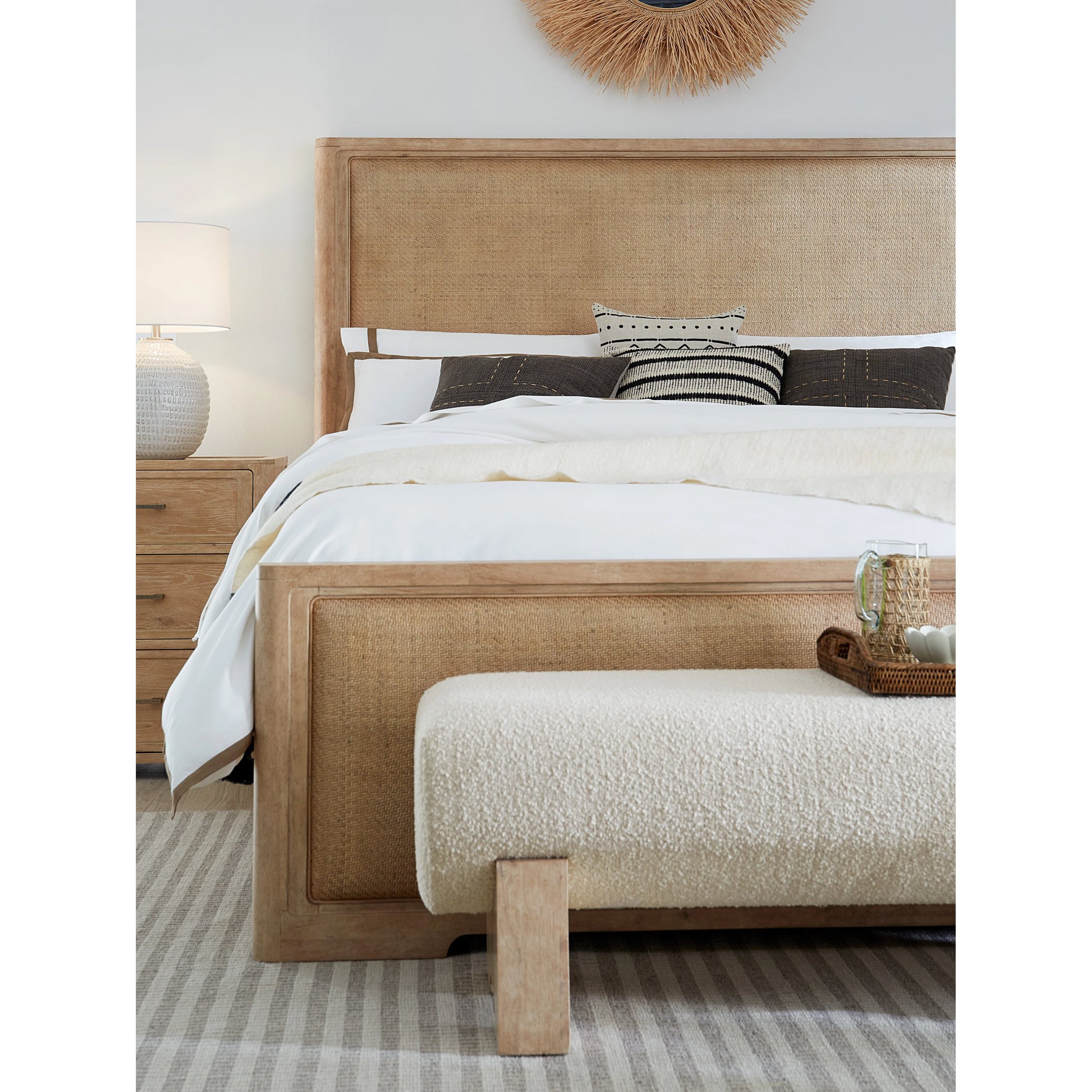 Retreat Bed Bench by Hooker Furniture in neo cream and dune. Made from wood, fabric 85% polyester, 10% acrylic, 5% cotton in a modern style.