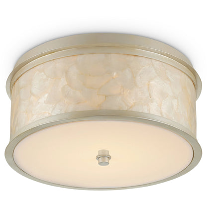 Neith Flush Mount by Currey and Company in sea pearl, natural. Made from wrought iron, capiz shell, acrylic diffuser in a transitional style.