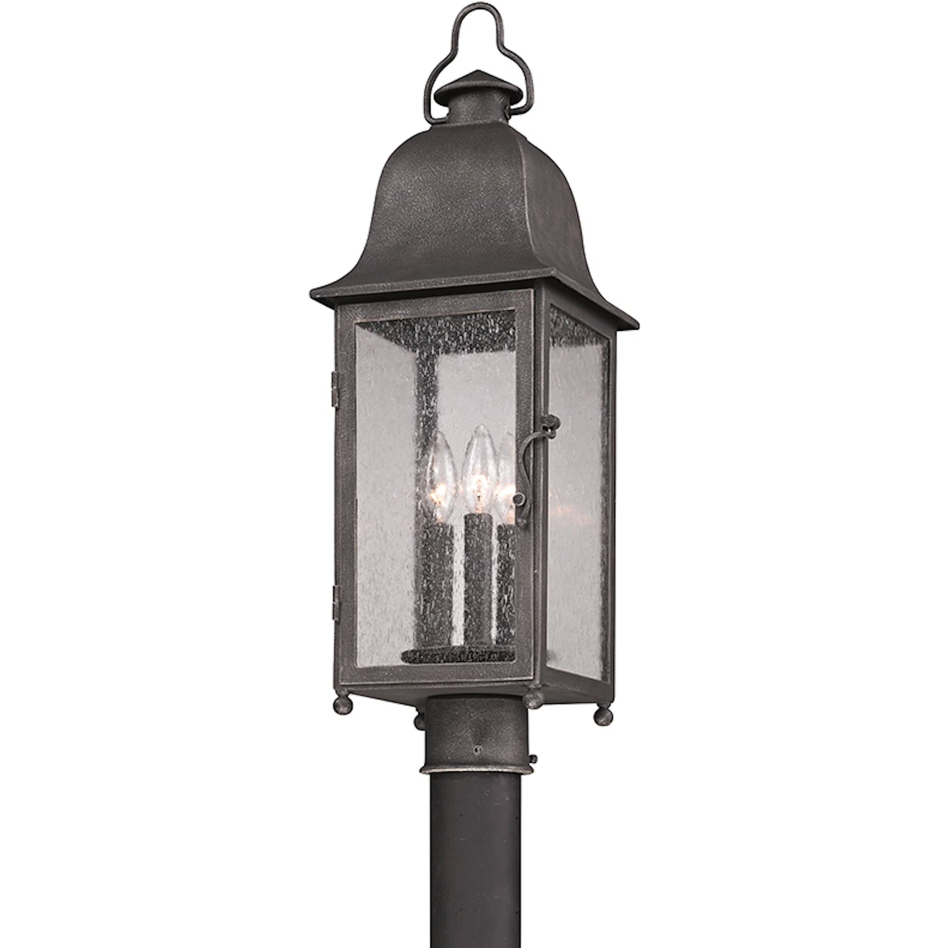 Larchmont Post Lantern by Troy in aged pewter. Made from hand forged iron in a traditional style.