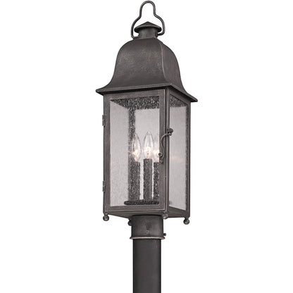 Larchmont Post Lantern by Troy in aged pewter. Made from hand forged iron in a traditional style.