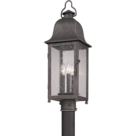 Larchmont Post Lantern by Troy in aged pewter. Made from hand forged iron in a traditional style.