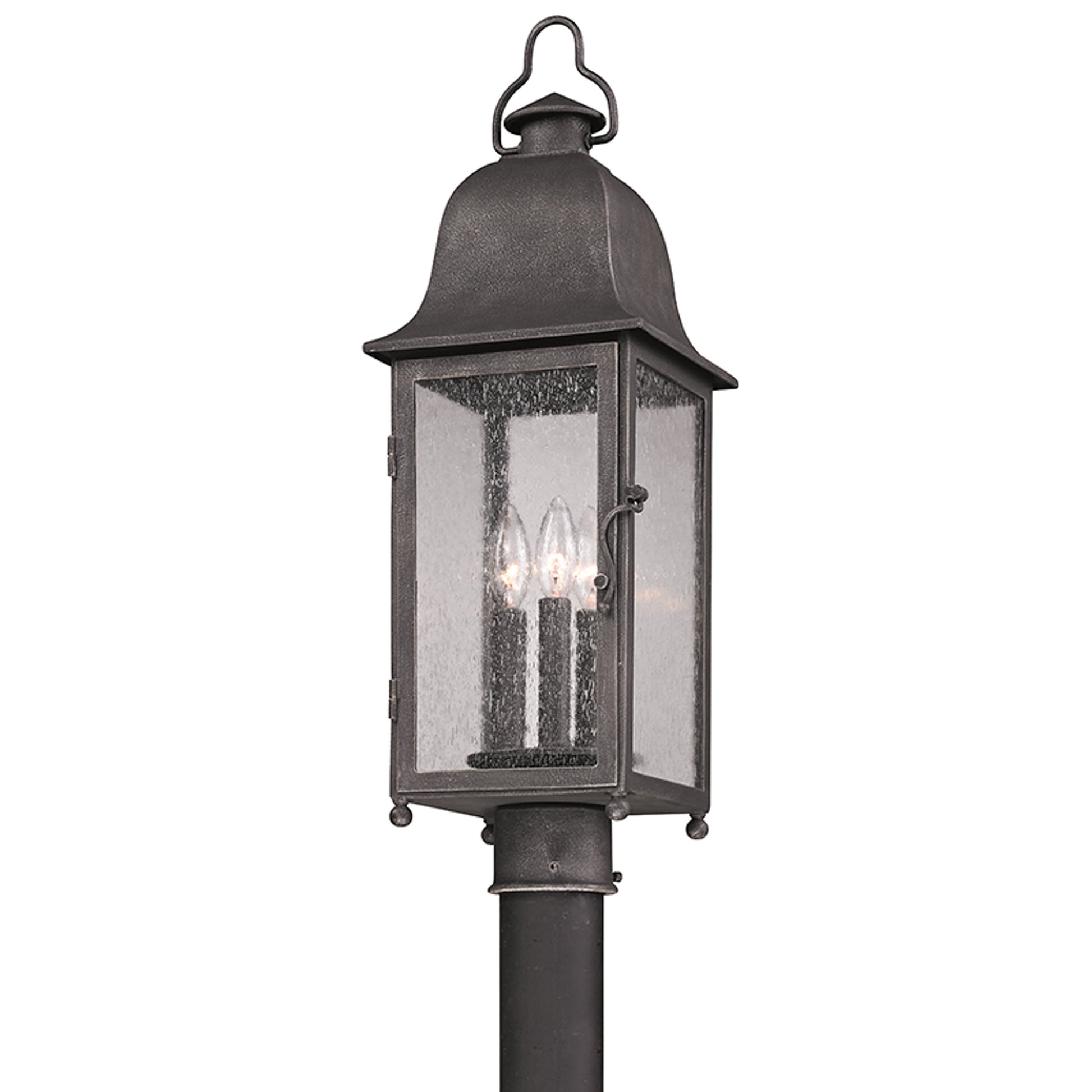Larchmont Post Lantern by Troy in aged pewter. Made from hand forged iron in a traditional style.