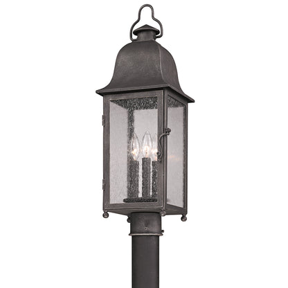 Larchmont Post Lantern by Troy in aged pewter. Made from hand forged iron in a traditional style.