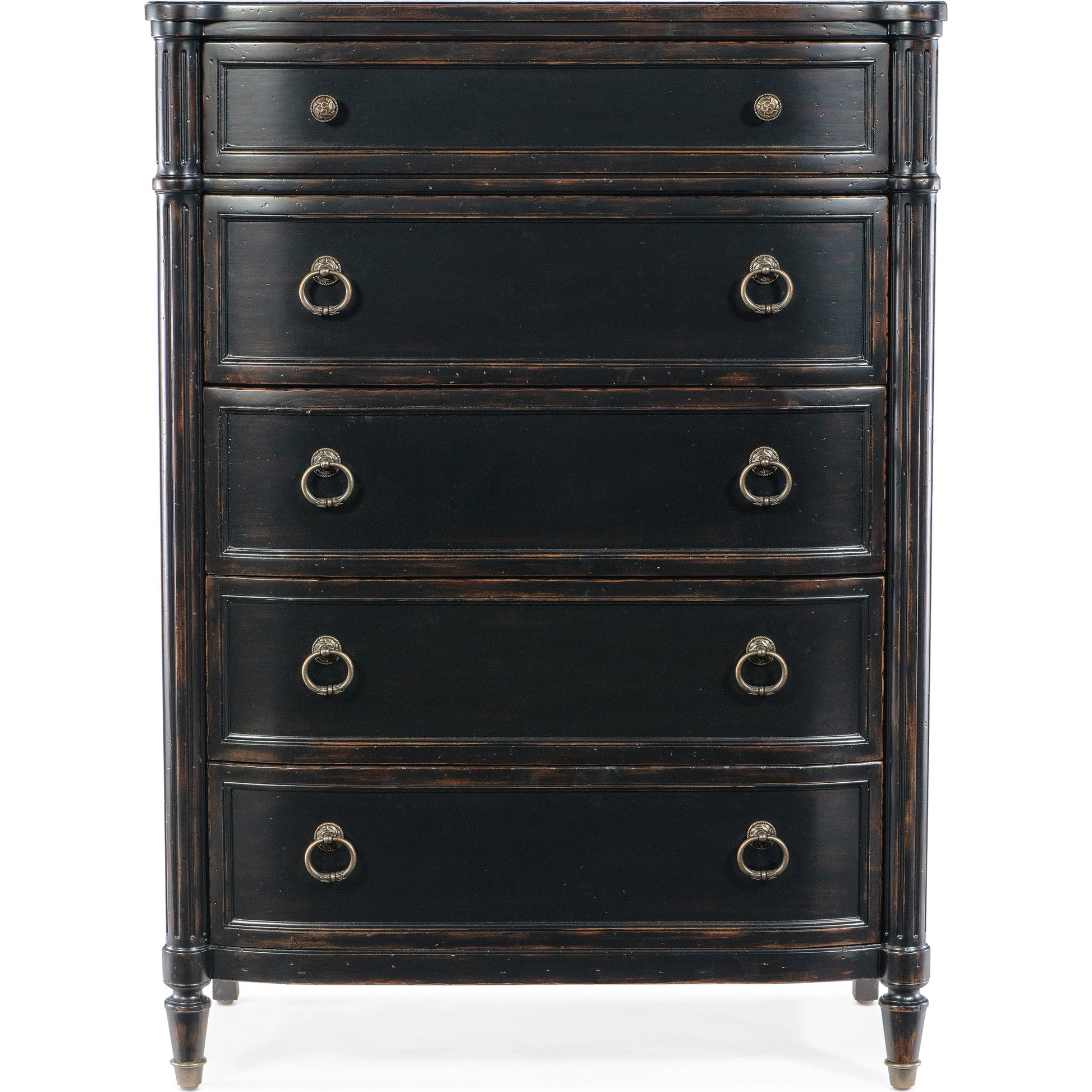 Charleston Five-Drawer Chest by Hooker Furniture. Made from cherry veneers, cedar, metal, solid-wood edge top in a transitional style.