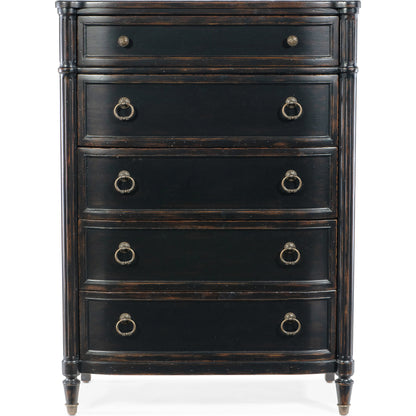 Charleston Five-Drawer Chest by Hooker Furniture. Made from cherry veneers, cedar, metal, solid-wood edge top in a transitional style.