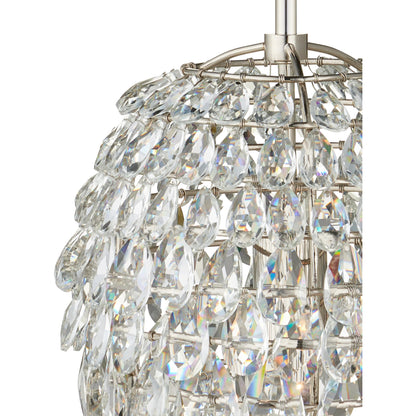 Aisling Pendant by Currey and Company in polished nickel. Made from optical crystal, metal in a transitional style.