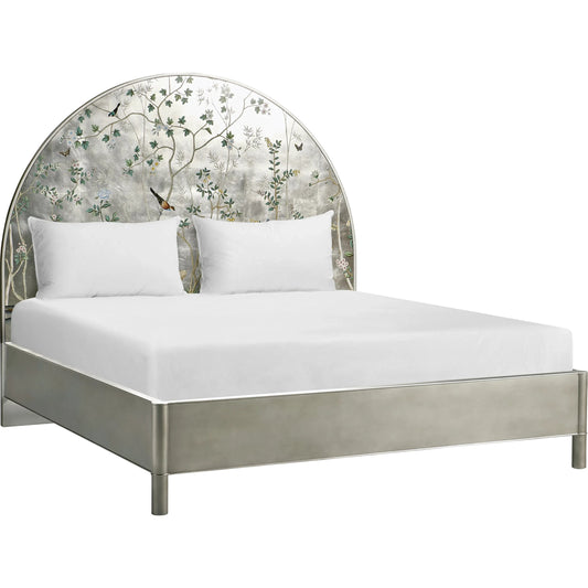 Shimmering Moon Half Round King Panel Bed by Jonathan Charles in white and painted silverleaf. Made from beech wood in a modern style.