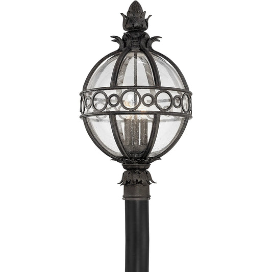 Campanile Post Light by Troy in french iron. Made from hand worked iron, aluminum in a unique style.