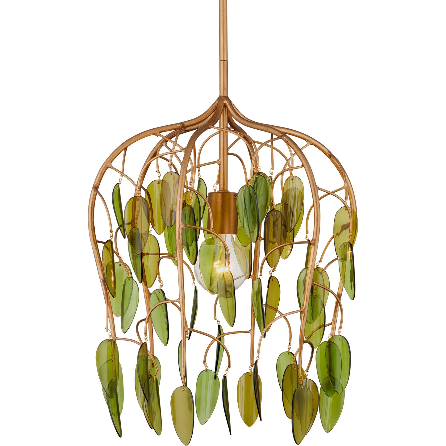 001 SI-2191786 | Primary Silo | Midsummer Pendant by Currey and Company in brass, green. Made from wrought iron, recycled bottle glass in a modern style.