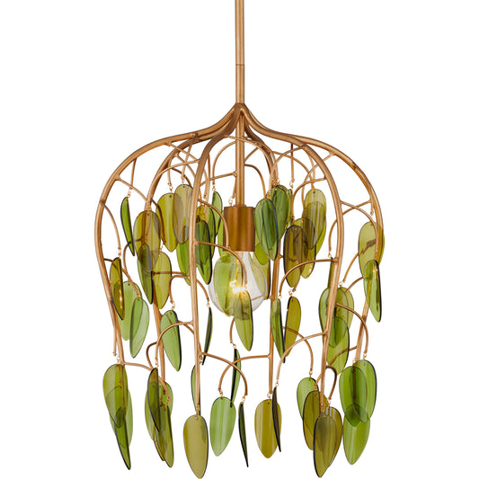 Midsummer Pendant by Currey and Company in brass, green. Made from wrought iron, recycled bottle glass in a modern style.