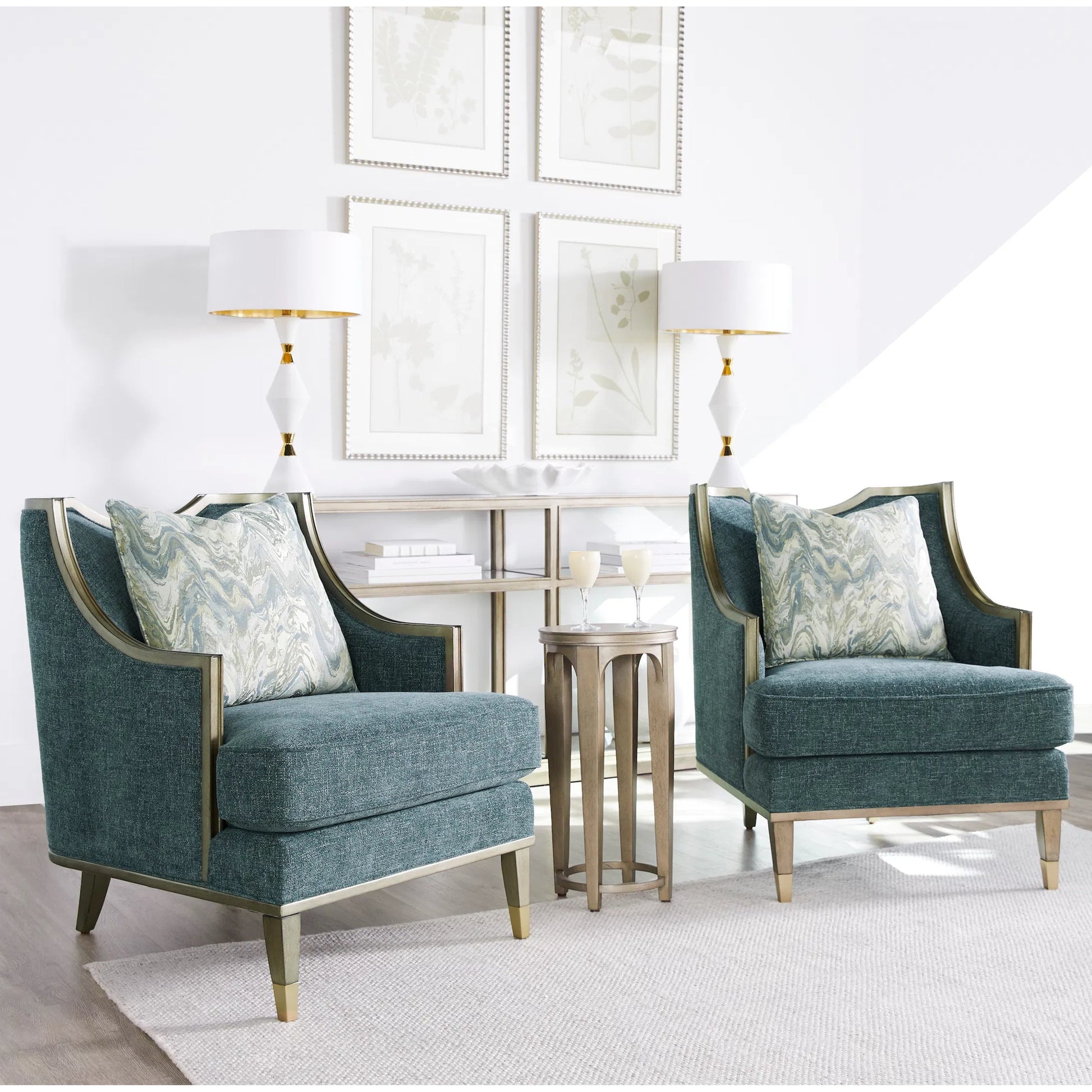 Harper Chair by A.R.T. Furniture in blue and mica, lichen. Made from rubberwood solids, foam, fabric, metal in a traditional style.