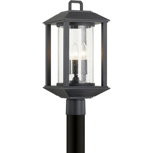 McCarthy Post Lantern by Troy in weathered graphite. Made from hand crafted aluminum in a transitional style.