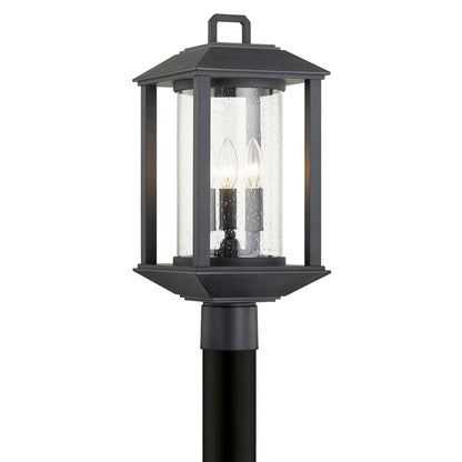 McCarthy Post Lantern by Troy in weathered graphite. Made from hand crafted aluminum in a transitional style.