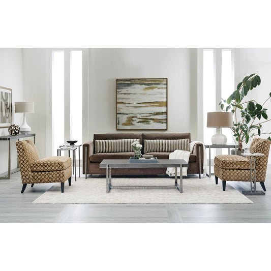 Chapman Mixed Media Console Table by Hooker Furniture in gray and pewter. Made from metal, faux shagreen in a modern style.