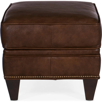 Carrado Ottoman by Bradington-Young by Hooker Furniture in brown and plantation. Made from leather in a unique style.