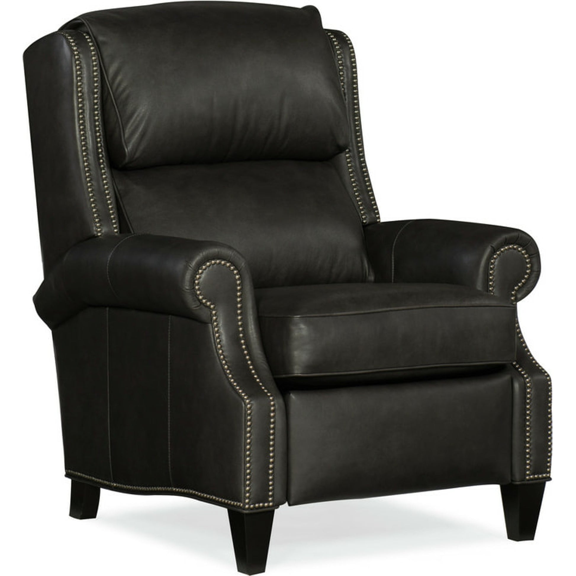Huss Reclining Chair by Bradington-Young by Hooker Furniture in charcoal and plantation finish, gunmetal nails. Made from 100% leather in a unique style.