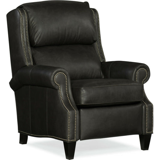 Huss Reclining Chair by Bradington-Young by Hooker Furniture in charcoal and plantation finish, gunmetal nails. Made from 100% leather in a unique style.