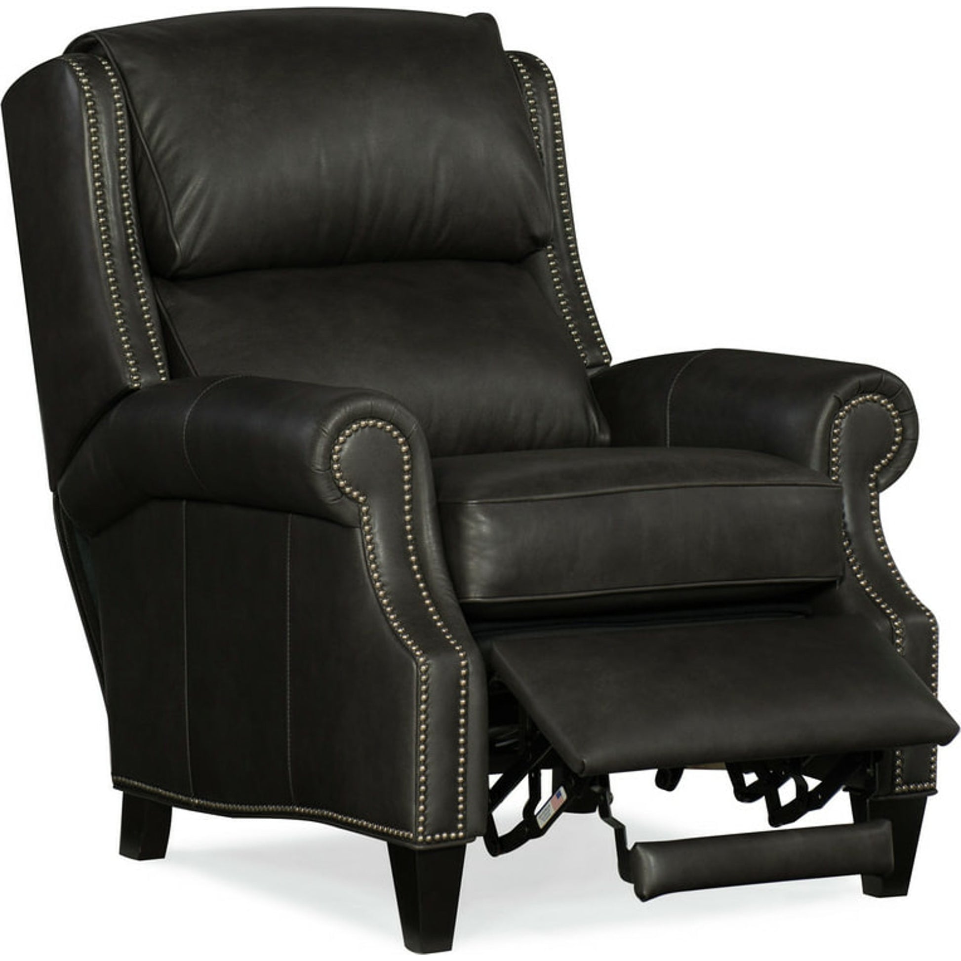 Huss Reclining Chair by Bradington-Young by Hooker Furniture in charcoal and plantation finish, gunmetal nails. Made from 100% leather in a unique style.