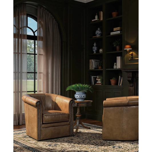Axton Swivel Club Chair by Hooker Furniture in brown. Made from leather in a traditional style.
