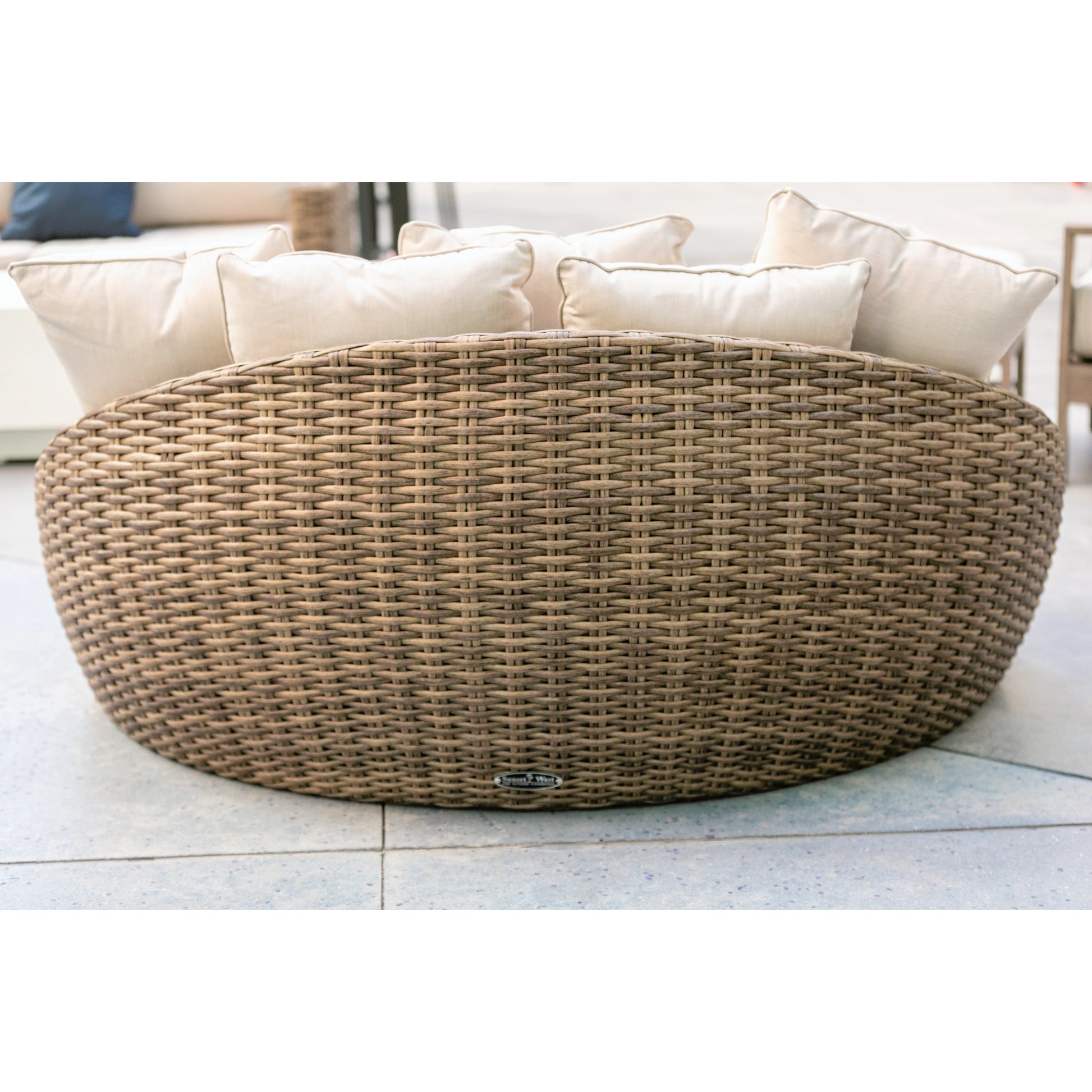 Havana Outdoor Round Daybed by Sunset West in tobacco. Made from resin wicker in a modern style.