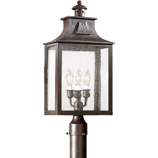 Newton Post Lantern by Troy in old bronze. Made from hand forged iron in a traditional style.