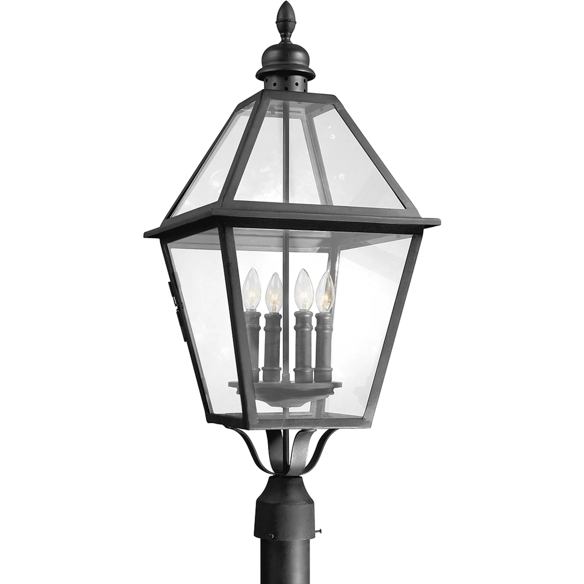 Townsend Post Lantern by Troy in natural bronze. Made from hand worked iron in a traditional style.