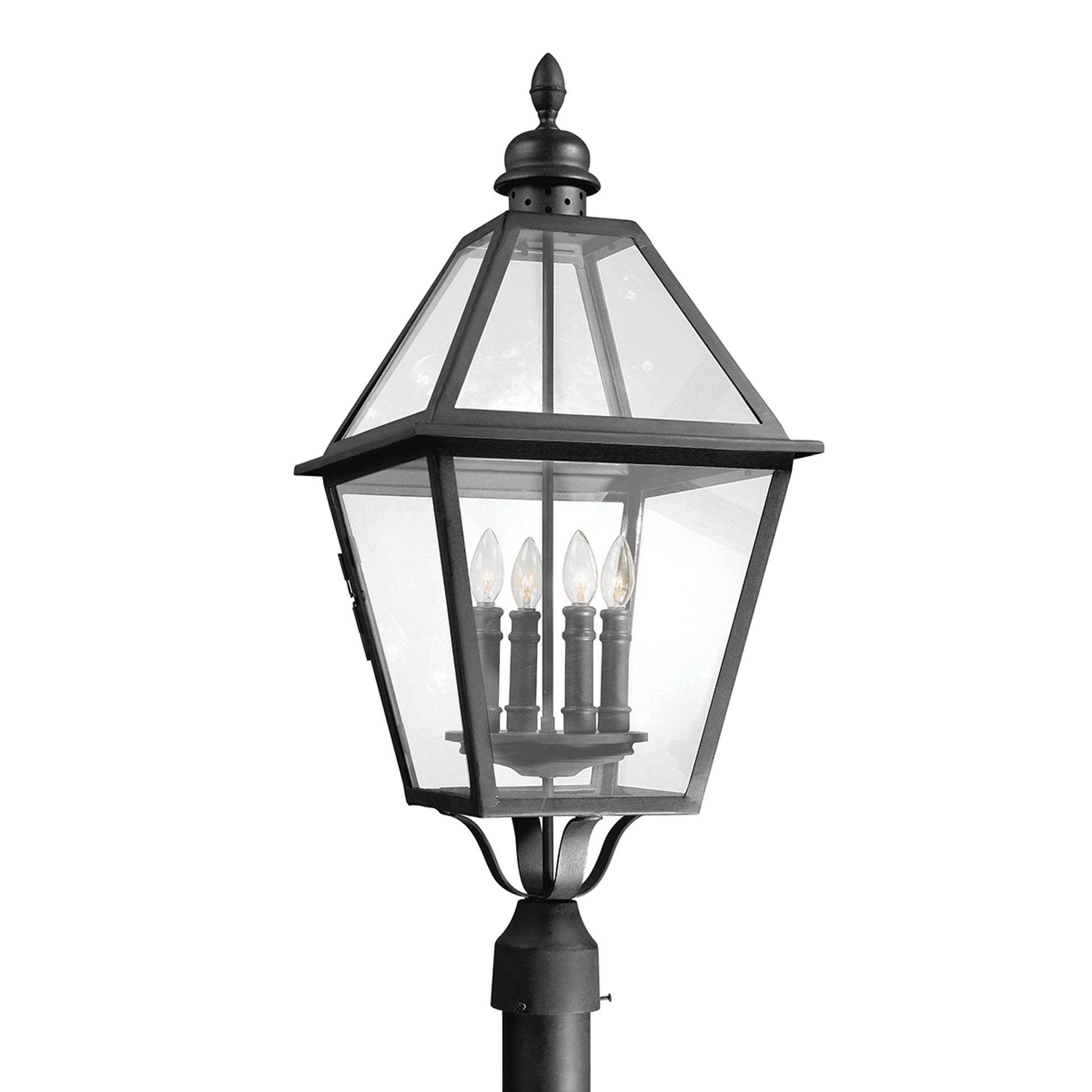 Townsend Post Lantern by Troy in natural bronze. Made from hand worked iron in a traditional style.
