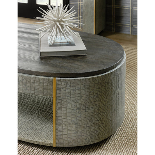 Melange Dylian Coffee Table by Hooker Furniture in gray and gray. Made from pine veneers and robus leather in a modern style.