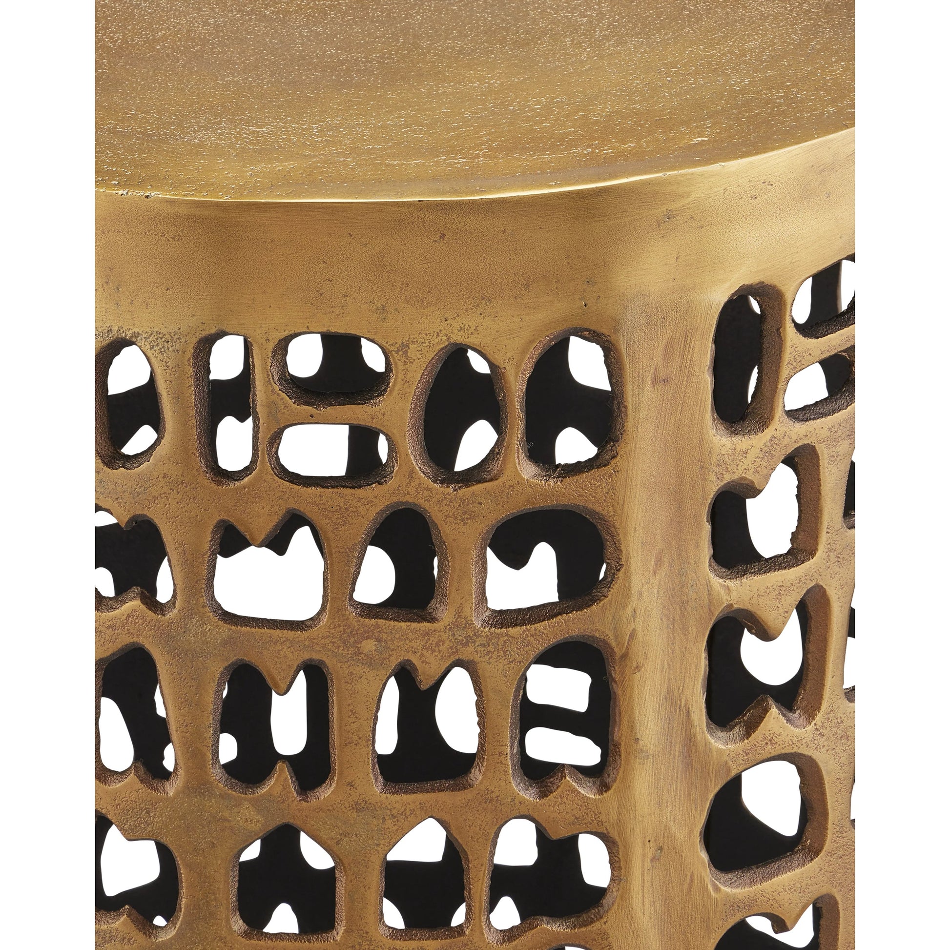 Alvar Accent Table by Currey and Company in antique gold. Made from cast aluminum in a eclectic & global style.