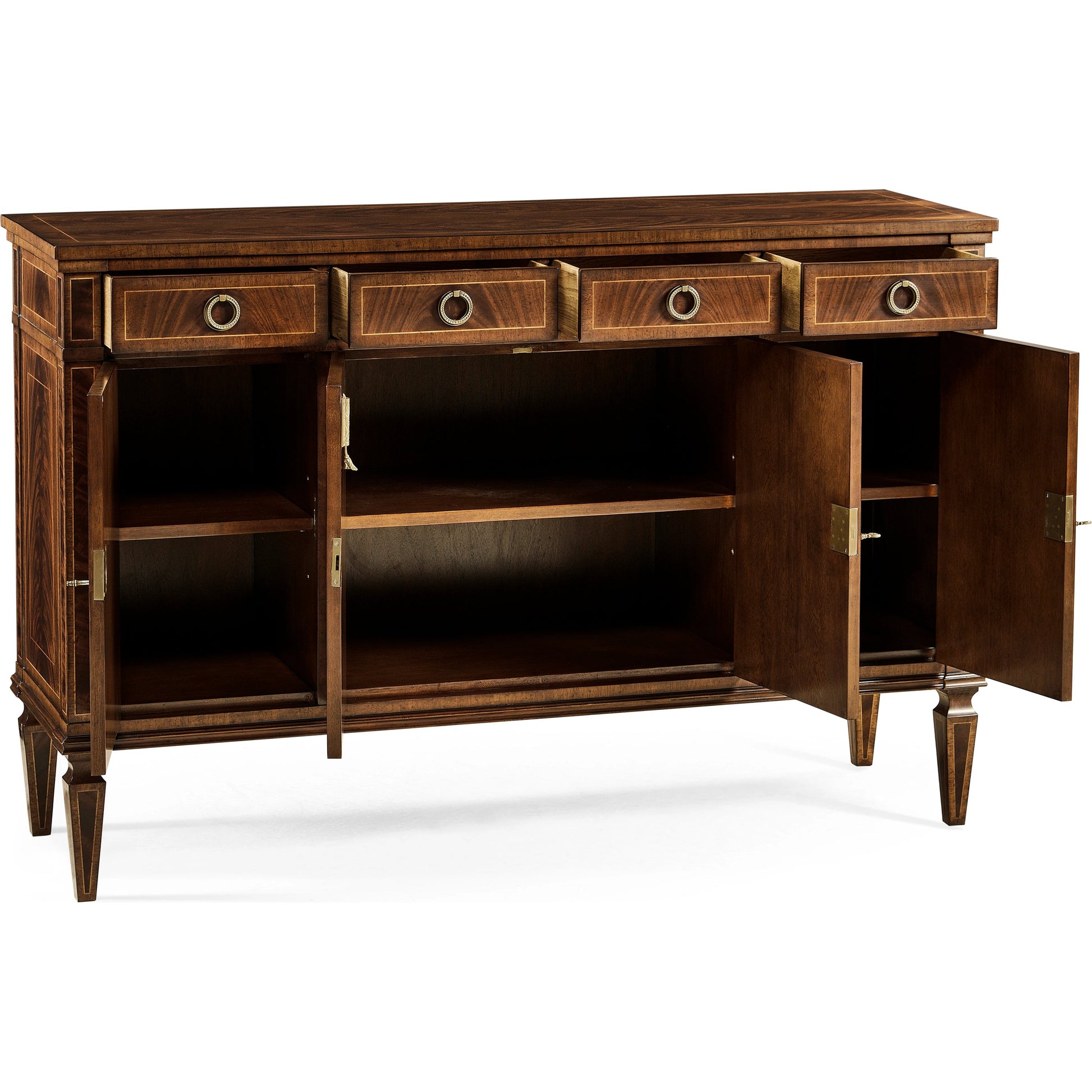 Buckingham Regency Style Mahogany Credenza by Jonathan Charles in brown and medium antique mahogany. Made from acacia in a traditional style.