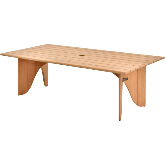 Solene Dining Table by Surya in warm oak, honey. Made from teak wood in a transitional style.