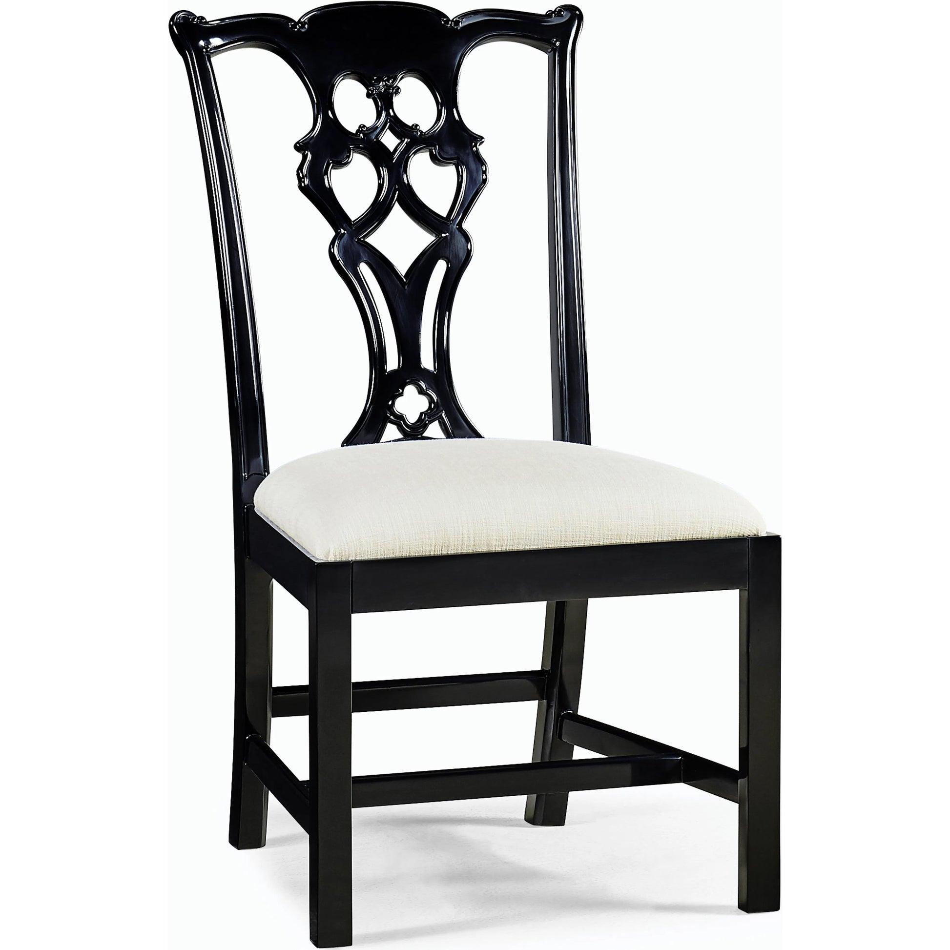 Reimagined Spark Chippendale Black Side Chair by Jonathan Charles in lacquered black. Made from acacia, foam, fabric in a transitional style.