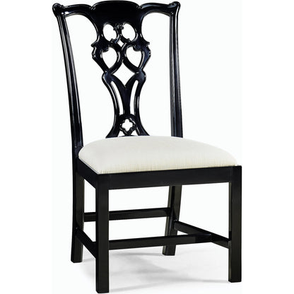 Reimagined Spark Chippendale Black Side Chair by Jonathan Charles in lacquered black. Made from acacia, foam, fabric in a transitional style.