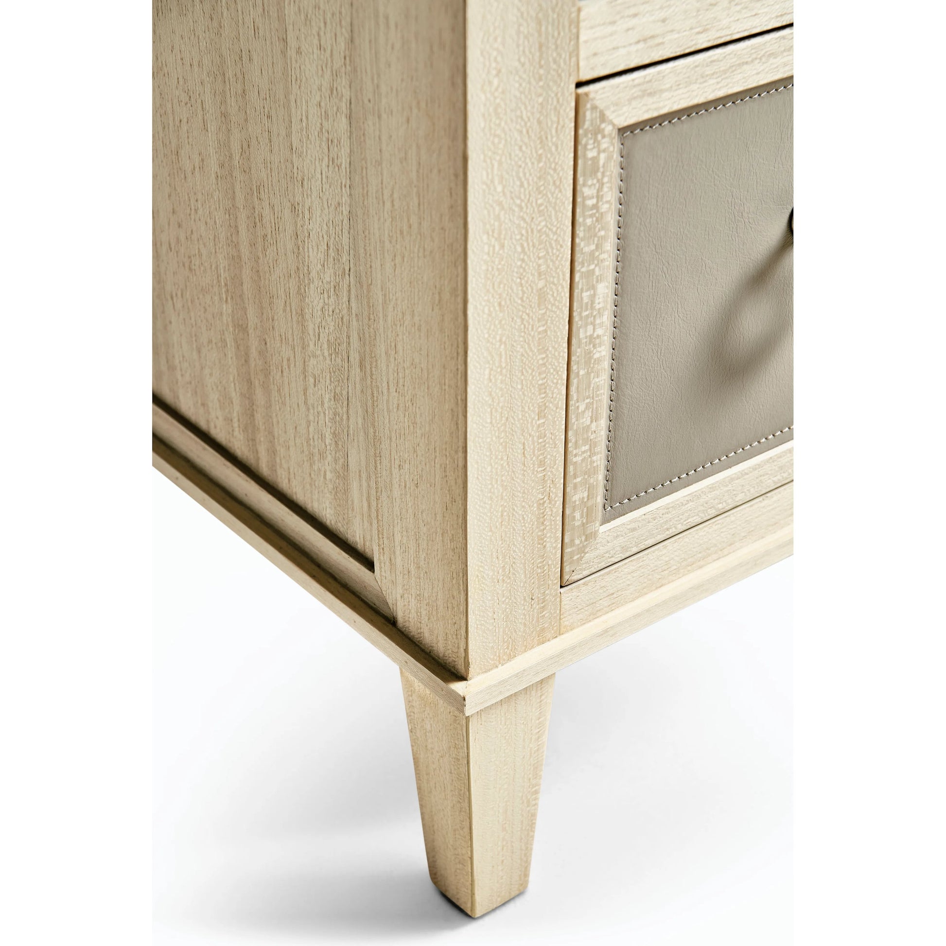 Water Neap Leather Front Chest by Jonathan Charles in ash blonde. Made from died koto veneer, leather, brass in a transitional style.