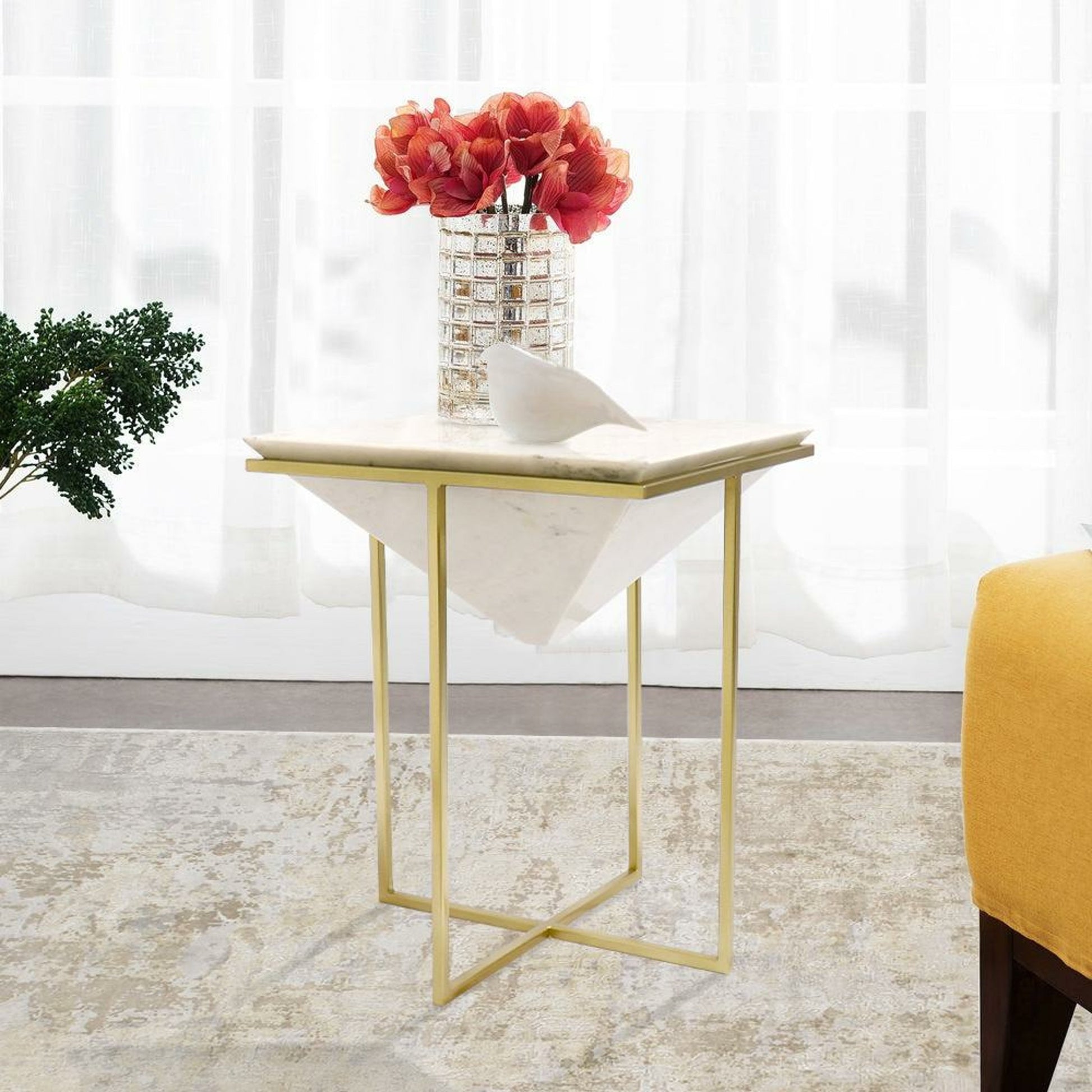 Perama Side Table by Pasargad Home in gold. Made from marble, steel in a modern style.