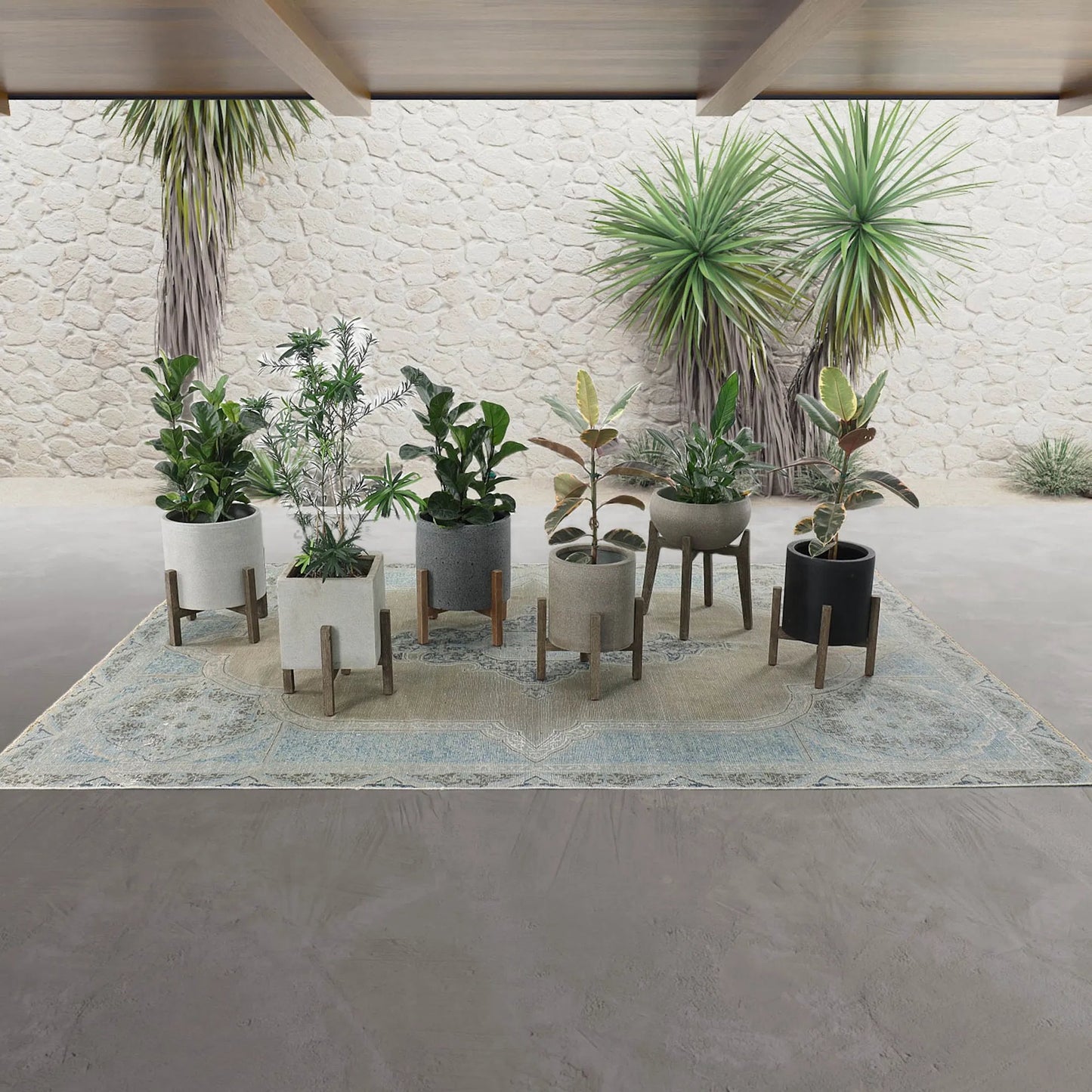 006 SI-2004376 | Lifestyle | Patio Square Standing Pot by LH Imports in natural stone and distressed brown. Made from acacia, ficonstone natural in a modern style.