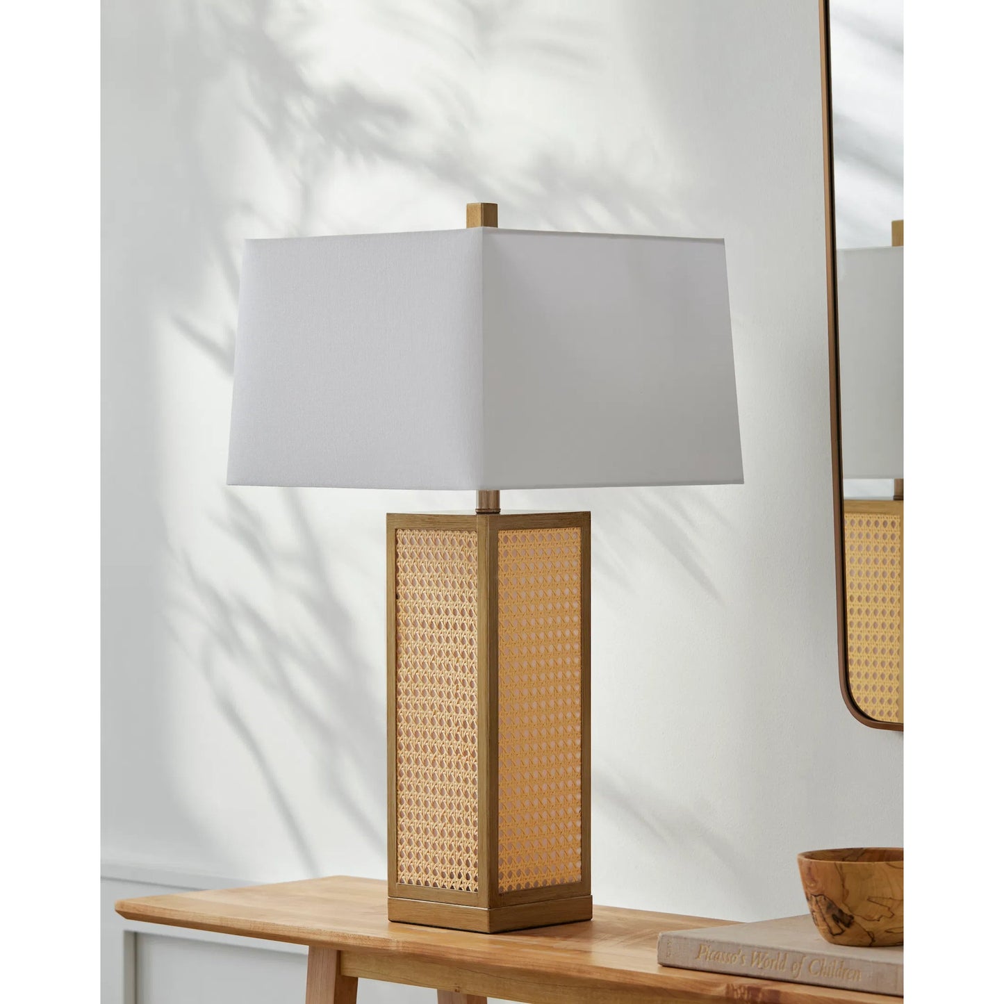 002 SI-2168104 | Lifestyle | Palta Table Lamp - 531341 by Livabliss in body: brown, shade: white, finial: brown, harp: metallic - brass, cord: translucent and naturalpainted. Made from rattan, linen, metal, plastic in a modern style.