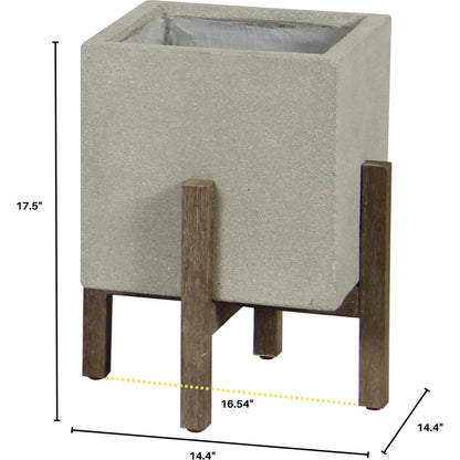 Patio Square Standing Pot by LH Imports in natural stone and distressed brown. Made from acacia, ficonstone natural in a modern style.